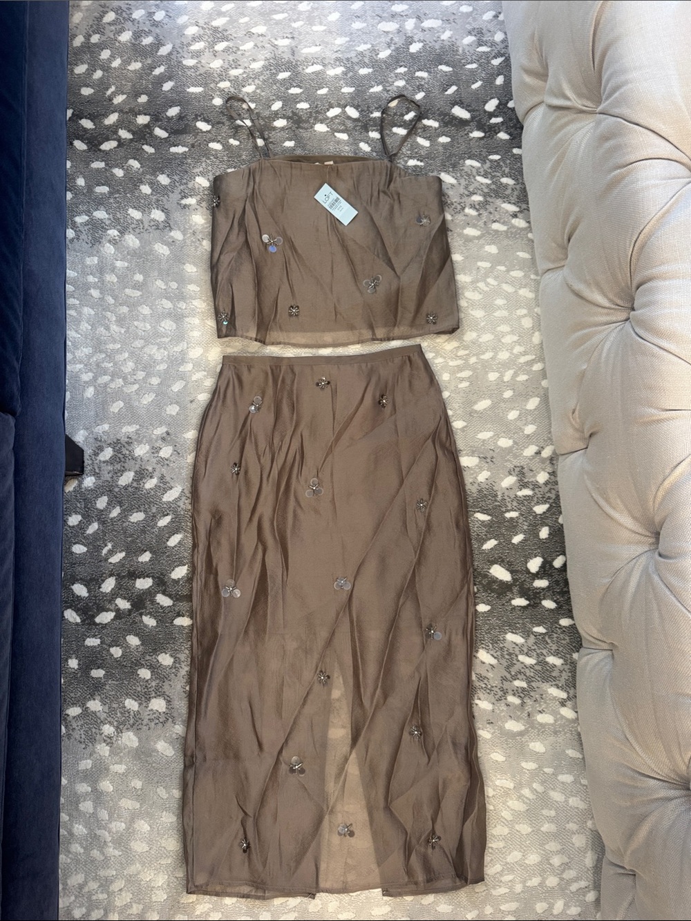 LOFT Brown Embellished Two-Piece Midi Skirt Set